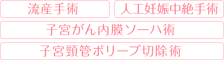 流産手術 人口妊娠中絶手術 外陰部腫瘍摘出手術 バルトリン腺開窓術 子宮がん内膜ソーハ術 尖圭コンジローマ除去術 子宮頸癌ポリープ切除術